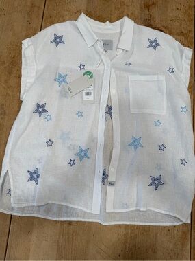 Rails White Linen Button-Down Shirt with Blue Star Motif